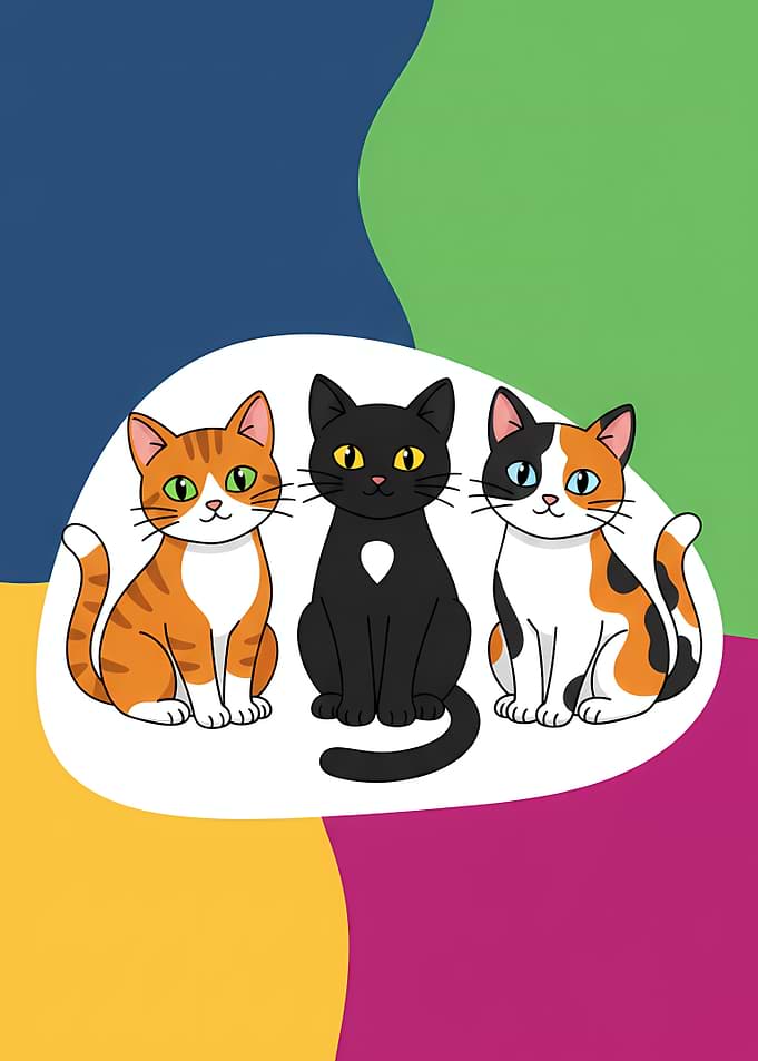 cartoon illustration of three cats sitting side by side on abstract background!