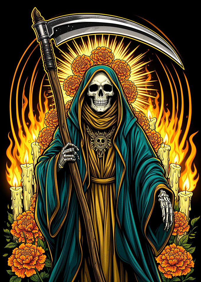 Grim Reaper with Scythe and Marigolds