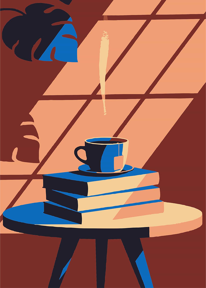 Minimalist Coffee Reading Corner Poster – Cozy Books & Espresso Retro Wall Art