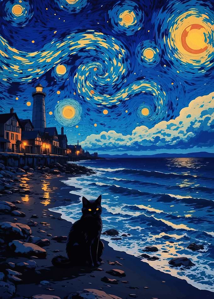 Black Cat on Beach Under Starry Night Sky