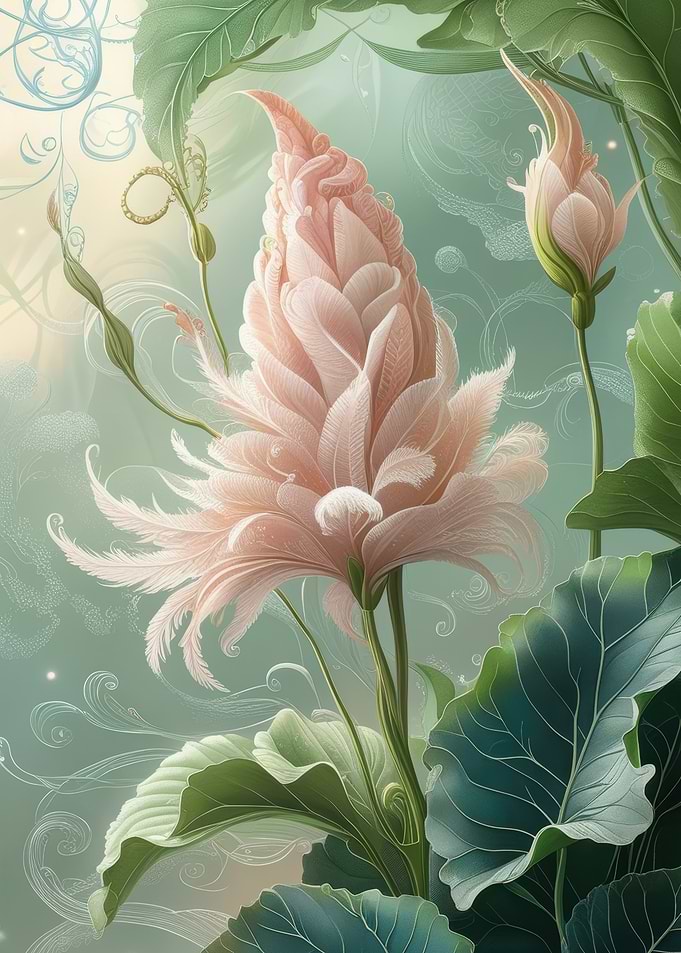 Ethereal Pink Flower with Green Leaves