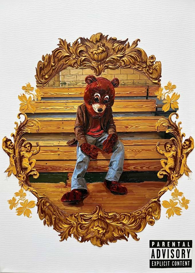Bear mascot on bleachers album cover