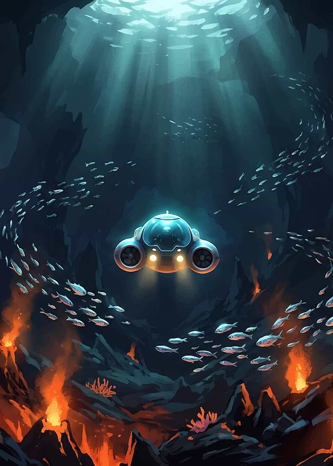 Subnautica 2 Submarines explore underwater volcanic vents