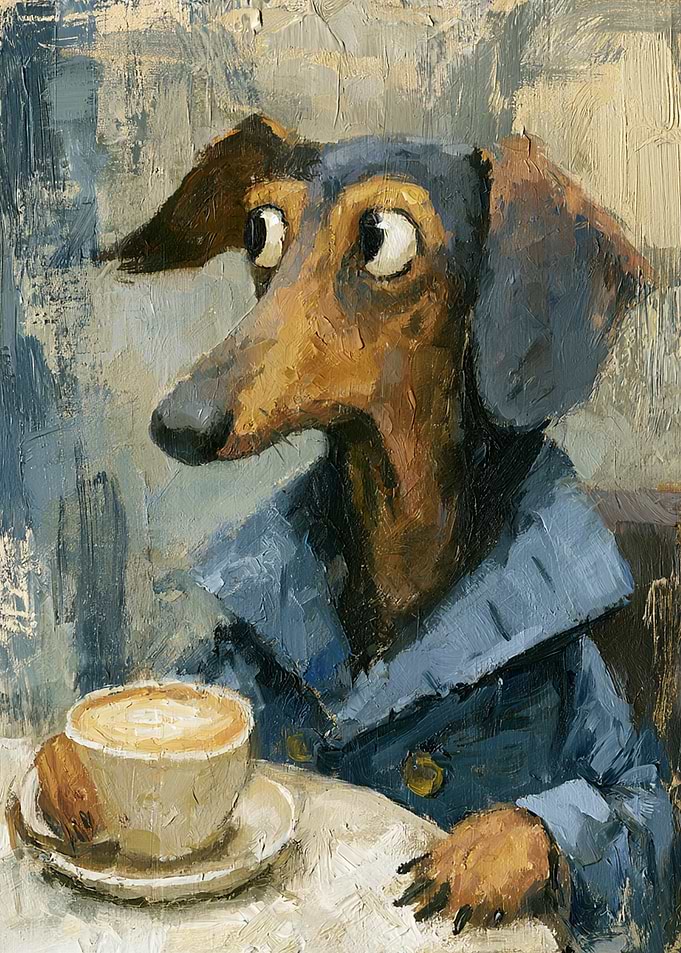 Dachshund in a Blue Coat with Coffee