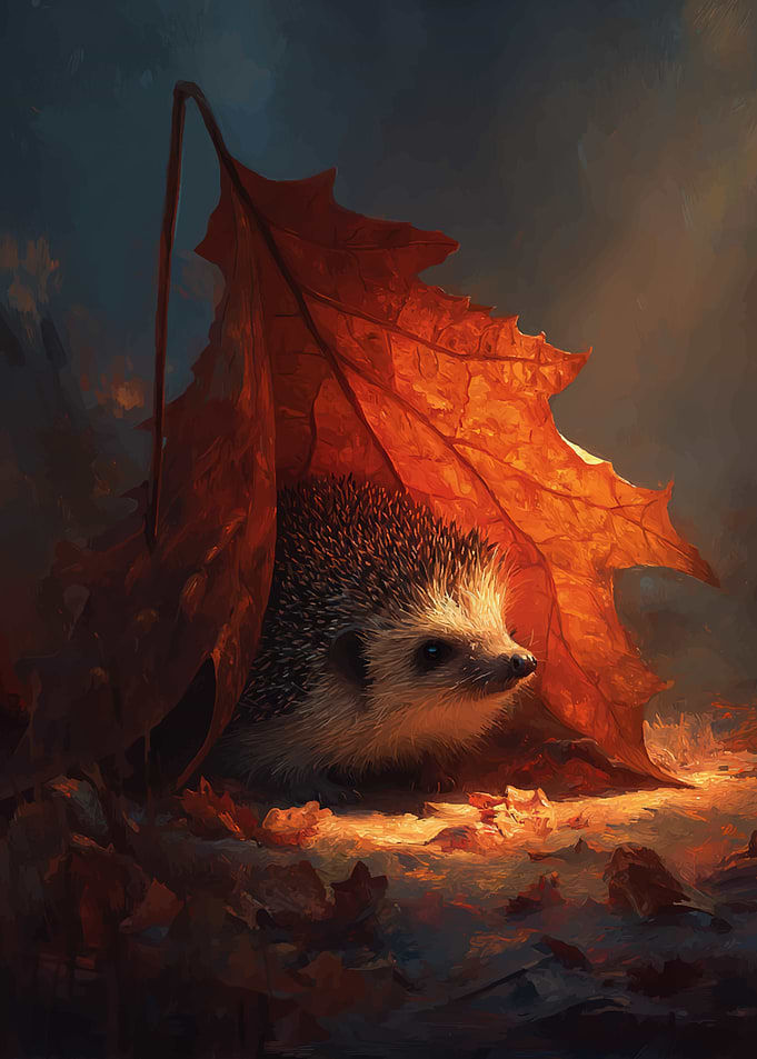 Hedgehog Hiding Under Autumn Leaf
