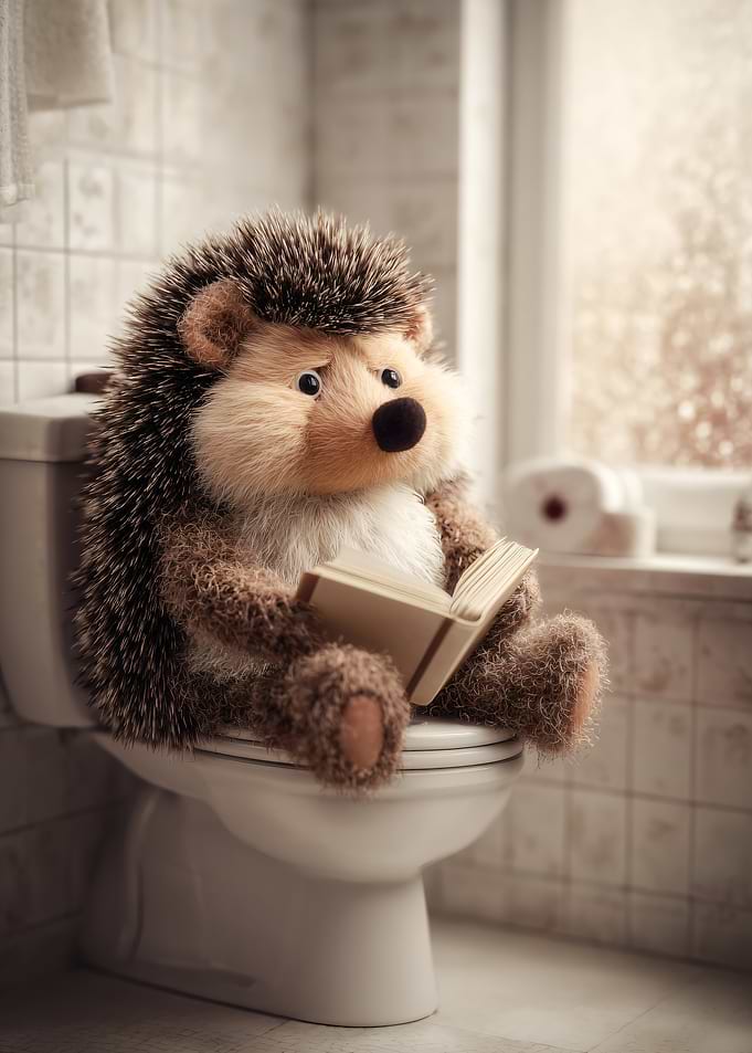 Hedgehog reading on a toilet