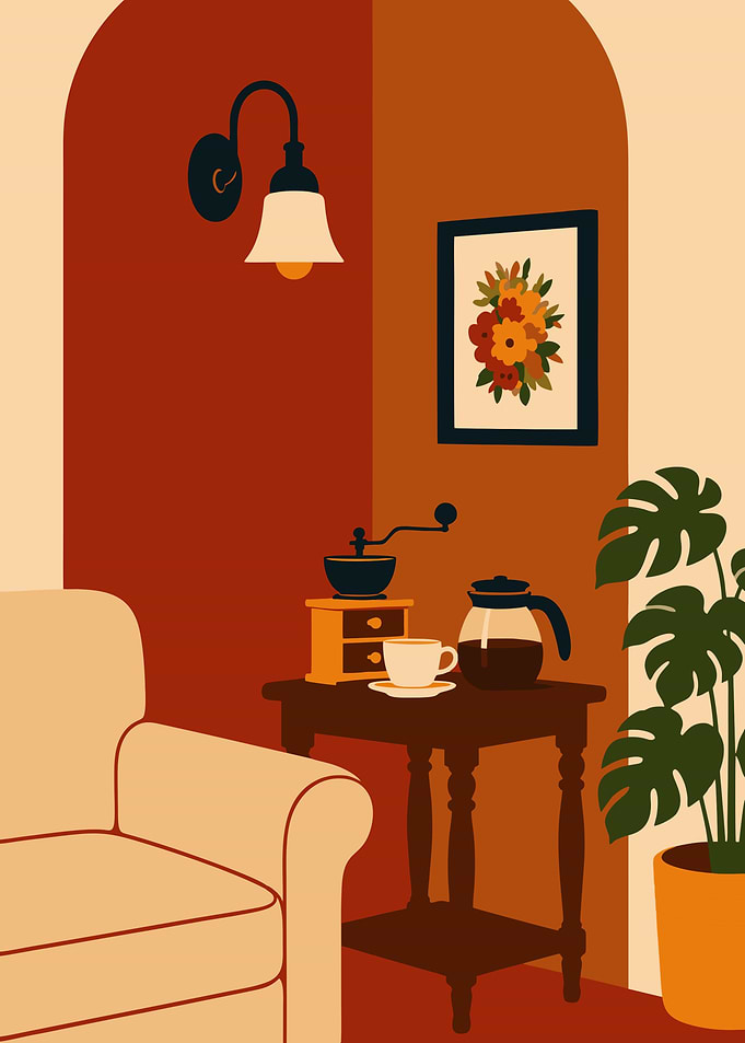 Cozy Coffee Corner Interior Poster – Warm Minimalist Retro Café Wall Art