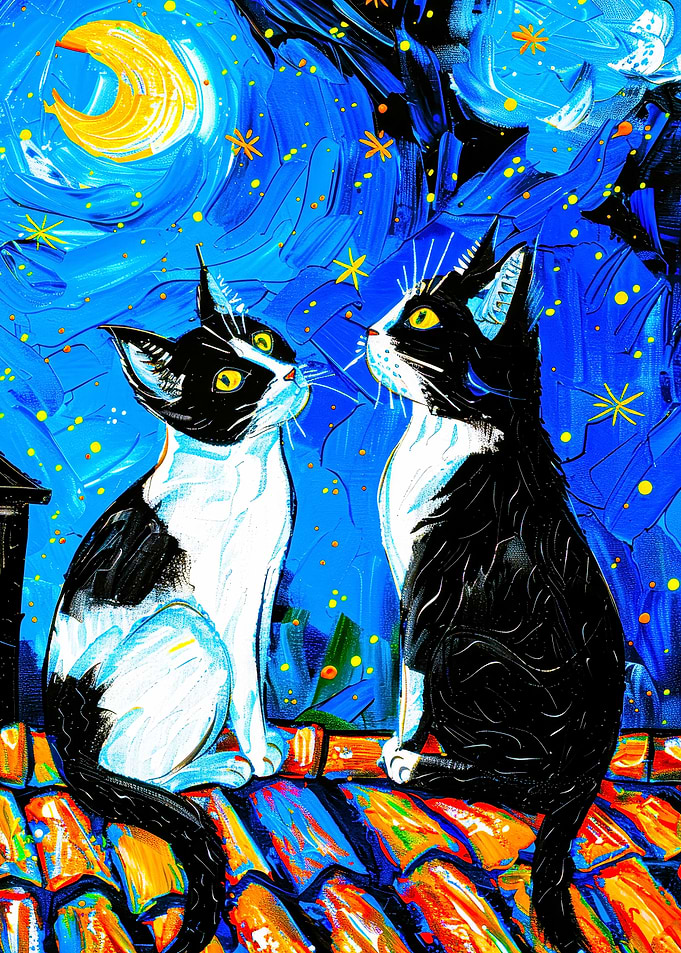 Two Cats Under a Starry Night Sky