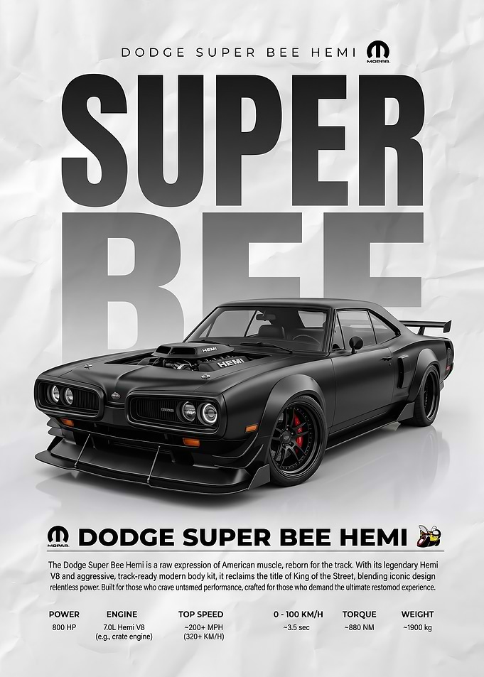 A striking black Dodge Super Bee Hemi 70 Poster