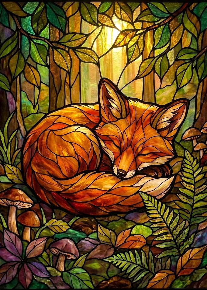 Sleeping Fox in Stained Glass Forest
