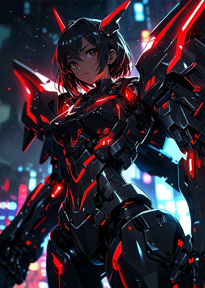 Anime Mecha Girl with Red Accents