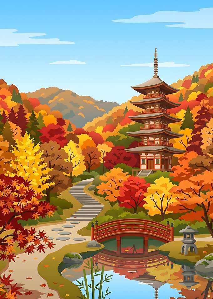 Autumn Pagoda Garden Scene