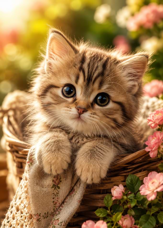 Adorable Kitten in a Wicker Basket