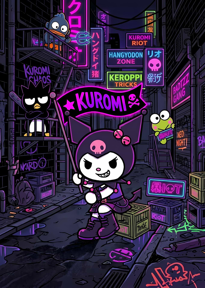 Kuromi and Friends in a Neon Alley