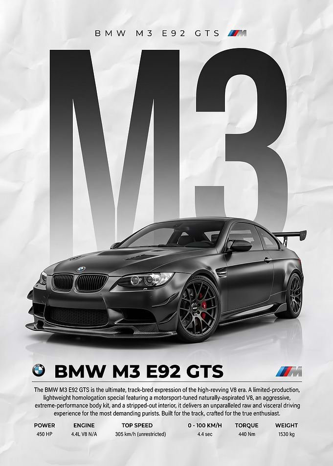 A striking BMW M3 E92 GTS car Poster