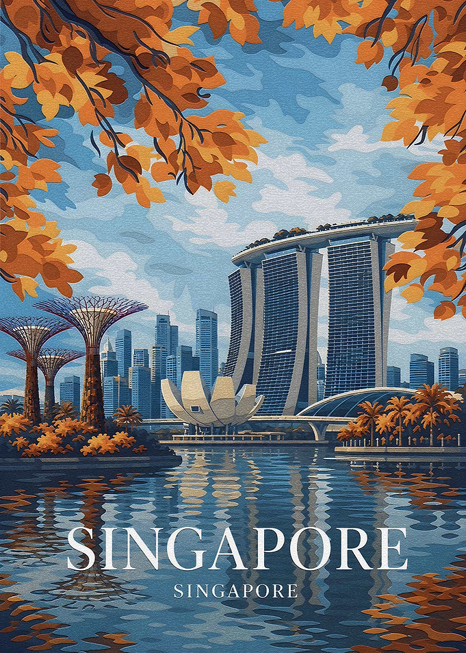 Singapore Skyline with Autumn Leaves