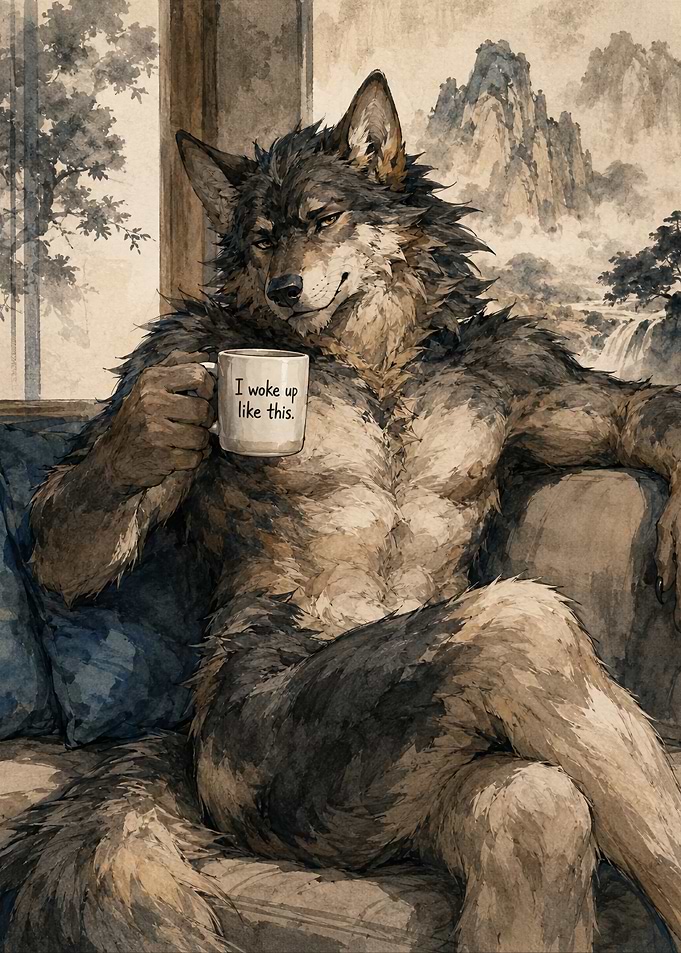 Wolf man with coffee mug