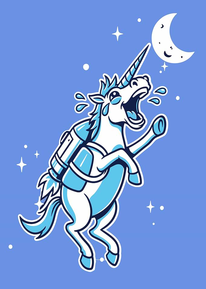 Enthusiastic Unicorn in Space Going To The Moon