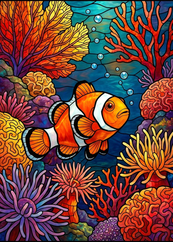 Clownfish in a Stained Glass Coral Reef