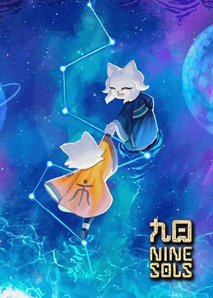 Two white fox characters reaching for each other in space