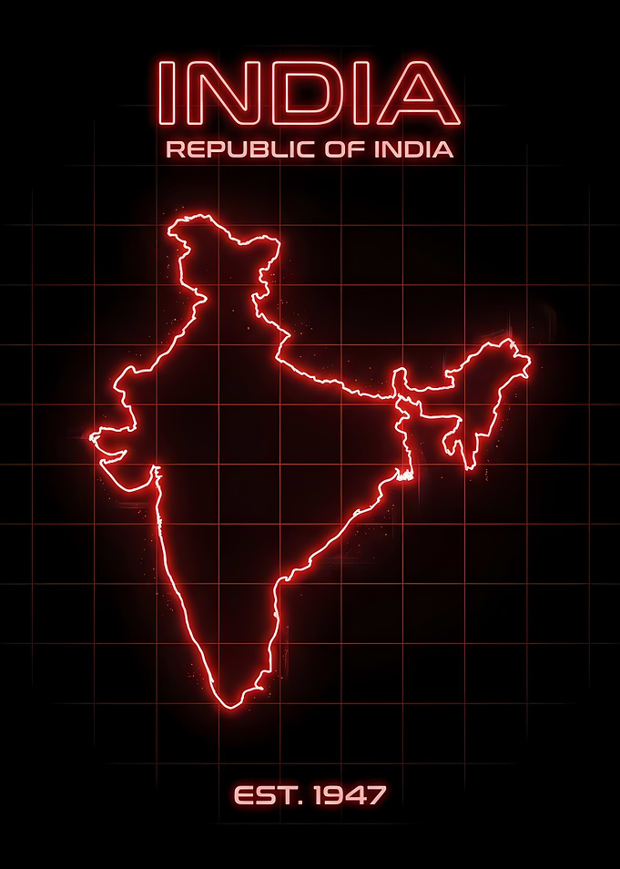 India Neon Outline Map with Glowing Red Typography and Modern Digital Grid Background