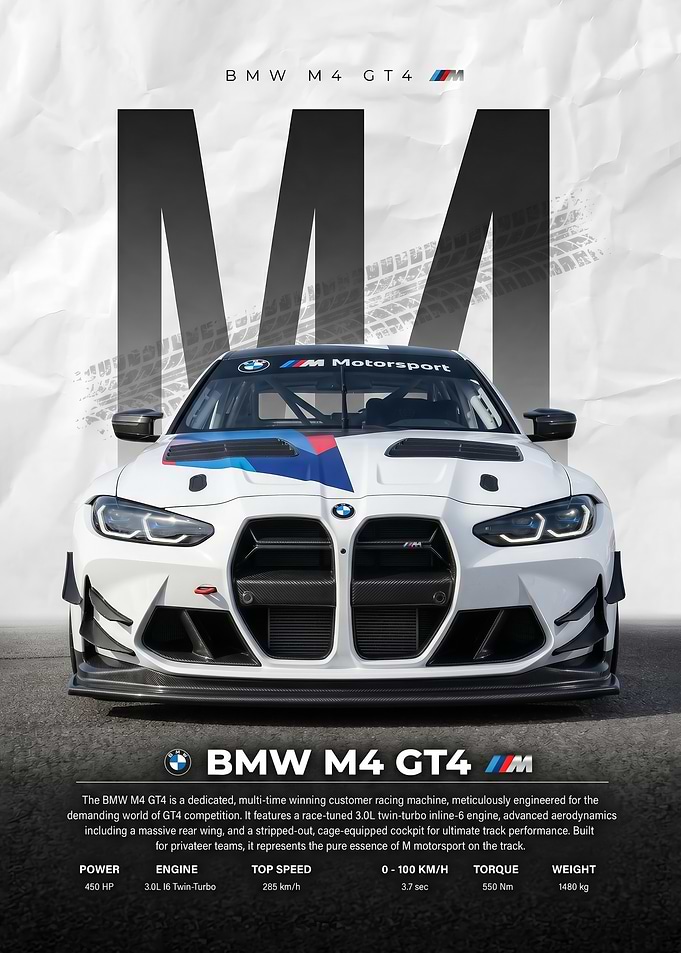 sleek white BMW M4 GT4 Race Car poster