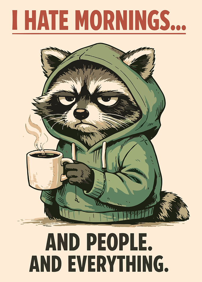 Grumpy Raccoon Coffee Poster Funny Cartoon Wall Art for Coffee Lovers