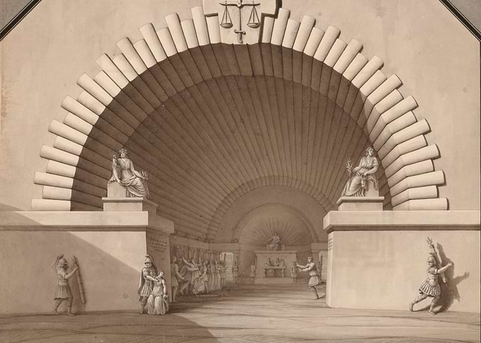 Classical Architectural Drawing with Statues