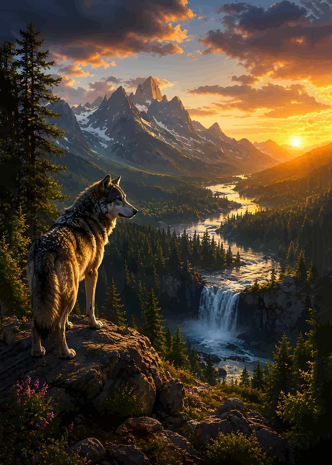 Wolf overlooking a mountain waterfall at sunset