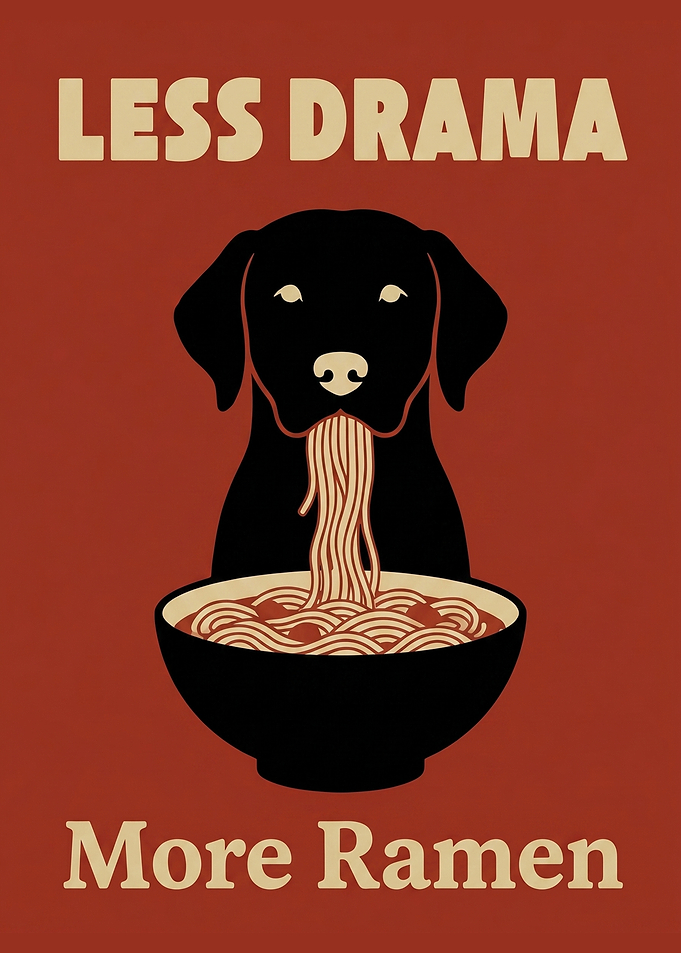 Dog eating ramen, less drama more ramen