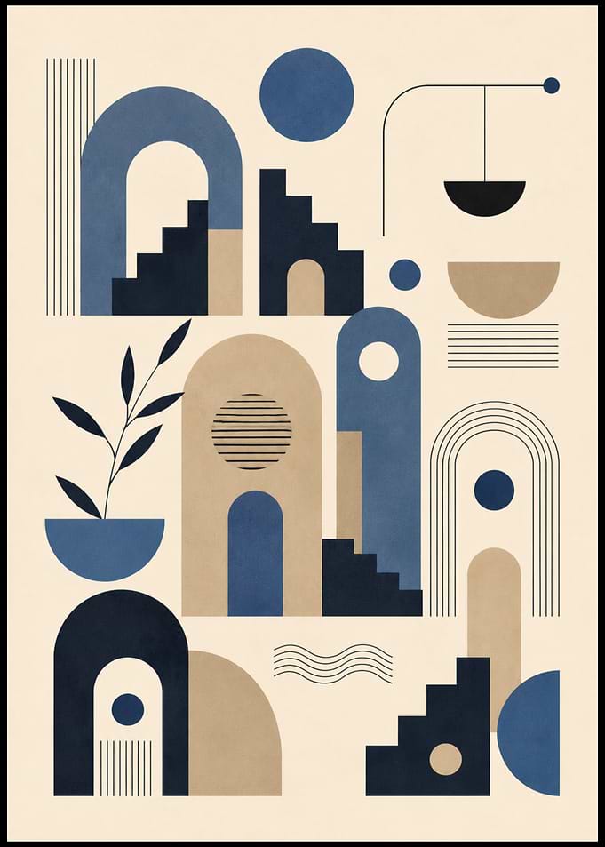 Boho Minimalist Geometric Architecture Art, Abstract Geometric Mid-Century Modern Art