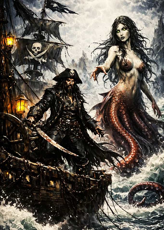 Pirate Captain and Mermaid Encounter