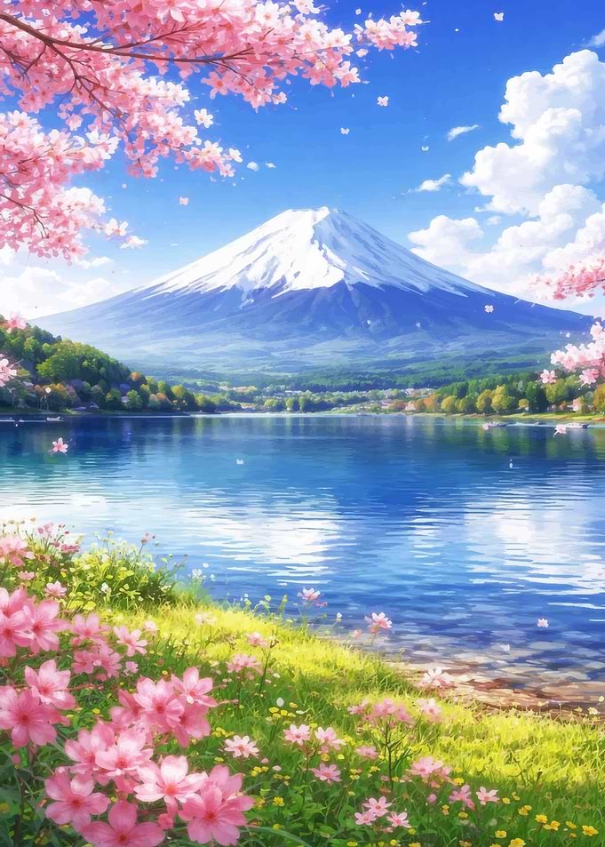 Mount Fuji with Cherry Blossoms and Lake