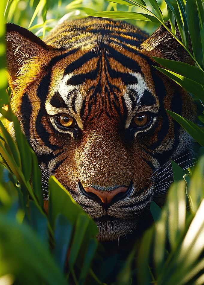 Tiger peeking through lush green foliage