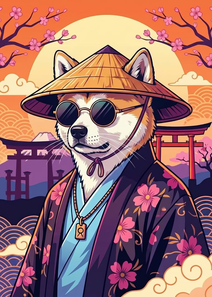 Shiba Inu in Kimono with Japanese Scenery