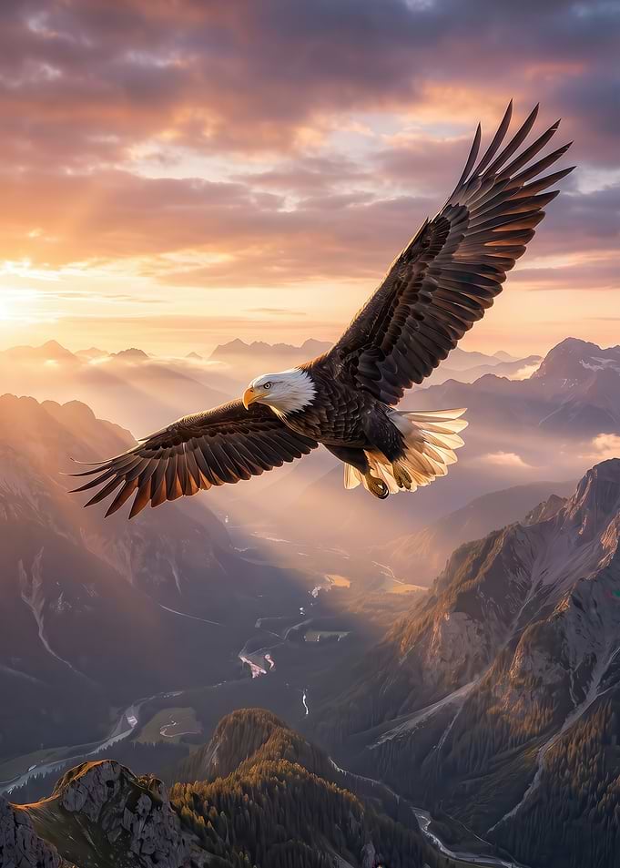 Bald Eagle Soaring Over Mountains