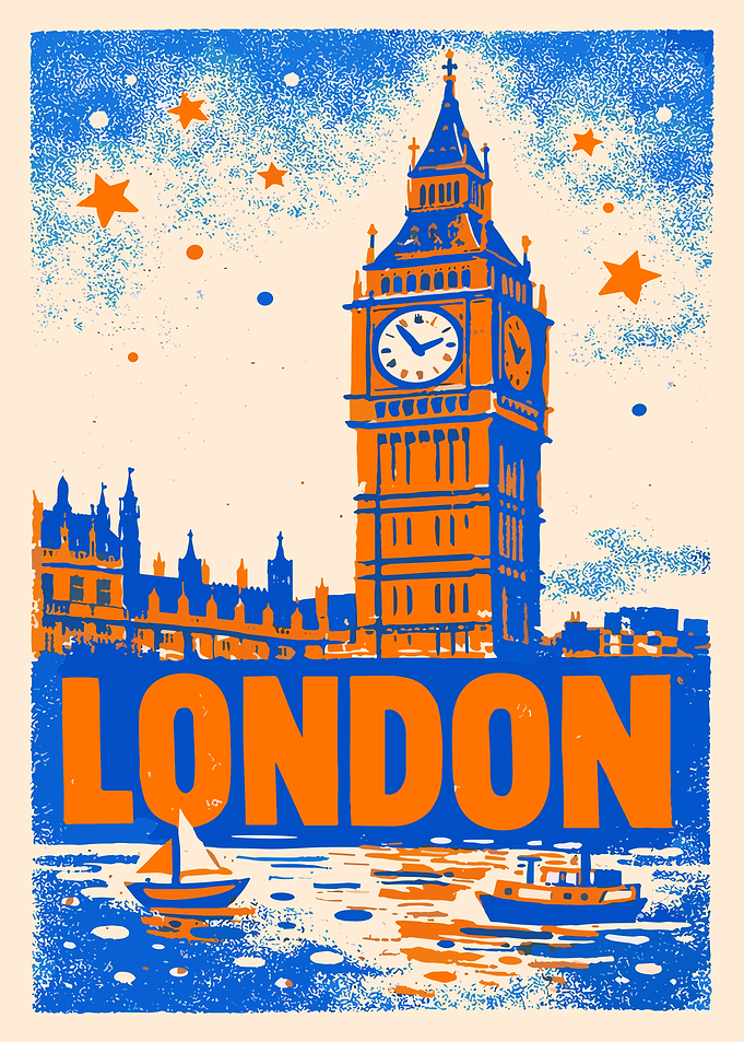 Vintage London Travel Poster Big Ben Illustration Retro City Wall Art