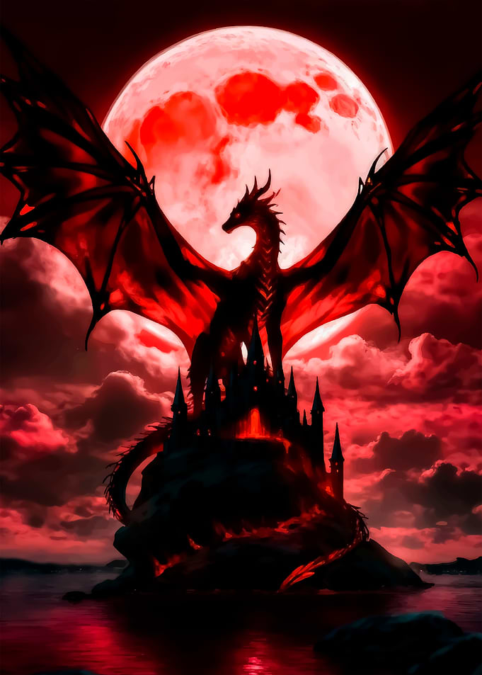 Dragon on Castle Under Red Moon