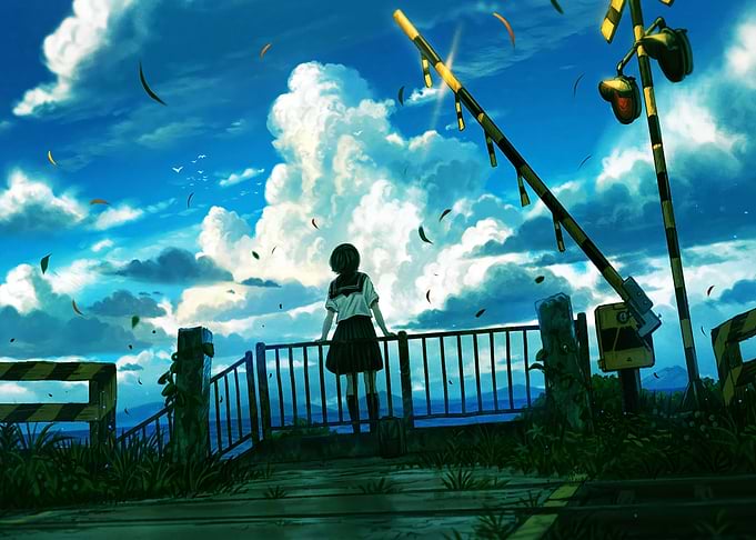Girl at Train Crossing