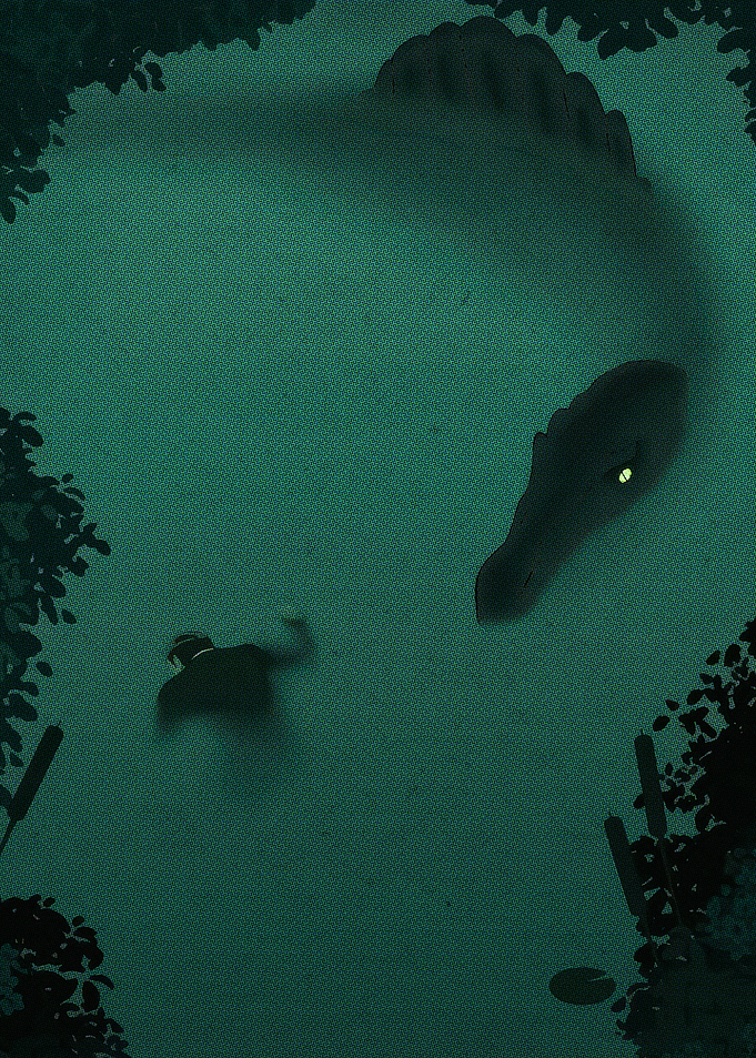 Dragon and Swimmer in Dark Water