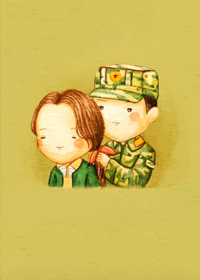 Soldier braiding woman's hair