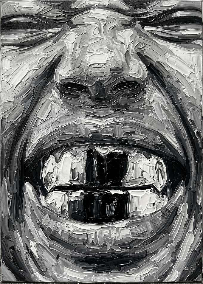 Close-up of a Grinning Face in Oil Paint