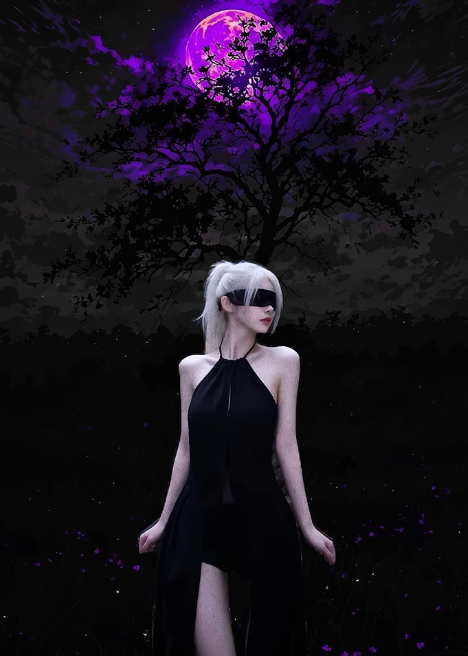 Woman in Black Dress Under Purple Moon