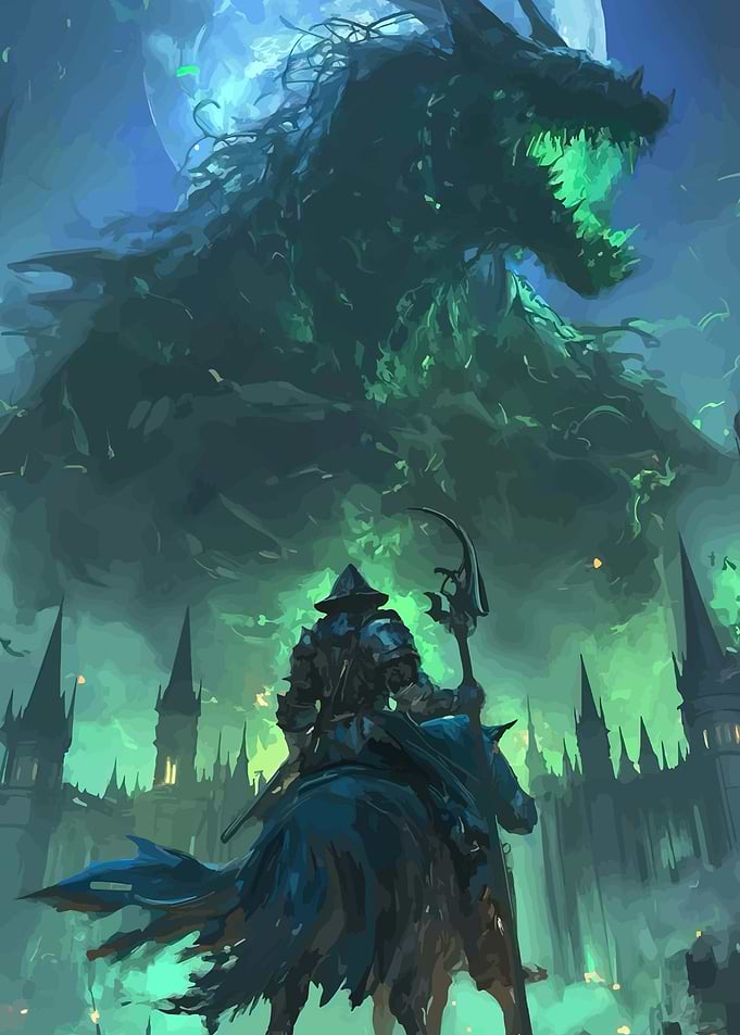 Knight faces a monstrous dragon
