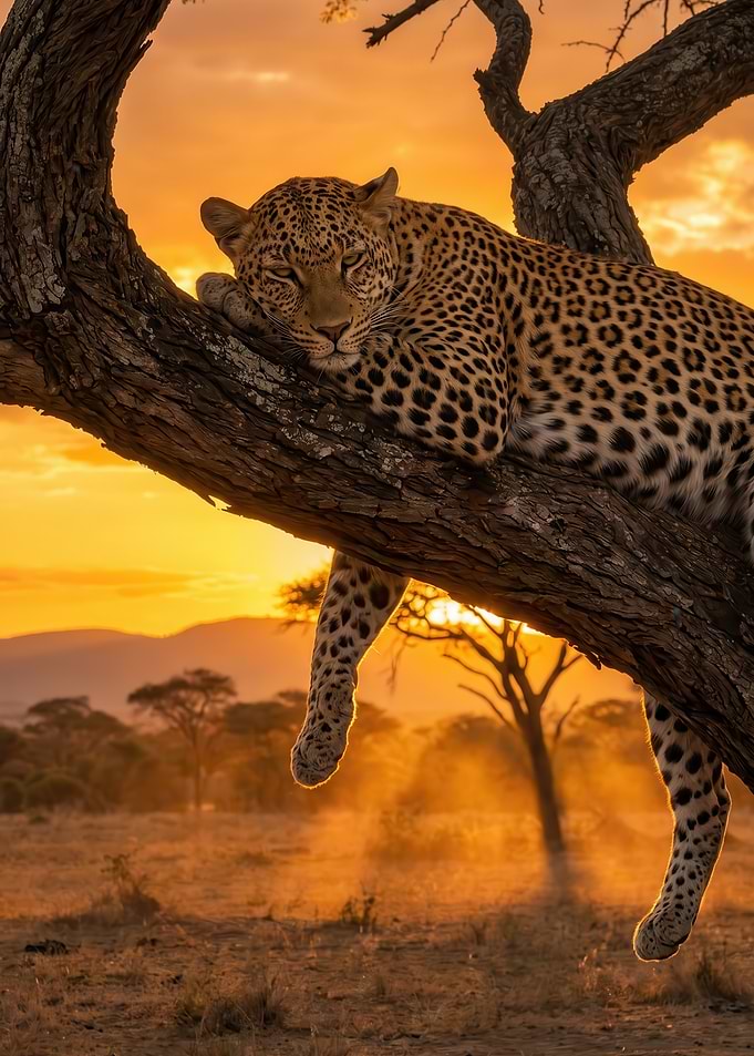 Leopard resting on a tree at sunset