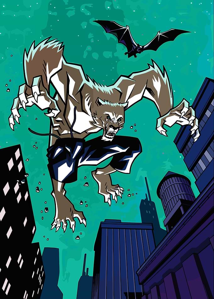 Werewolf Leaping Over City Buildings