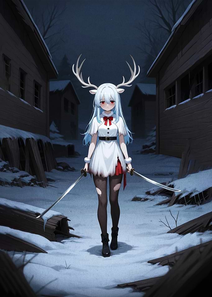 Anime Deer Girl with Swords in Snow