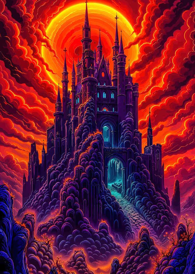 Dark Castle Under Fiery Sky