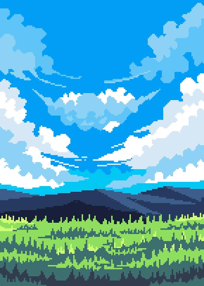Pixel Art Landscape with Clouds and Mountains