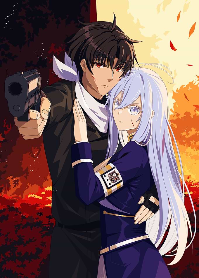 86 Anime Couple with Gun and Fire Background
